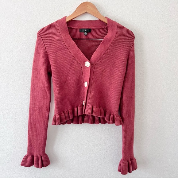 Lulu’s Rust Ruffled Button Up Cardigan Sweater Sz M - Picture 2 of 6